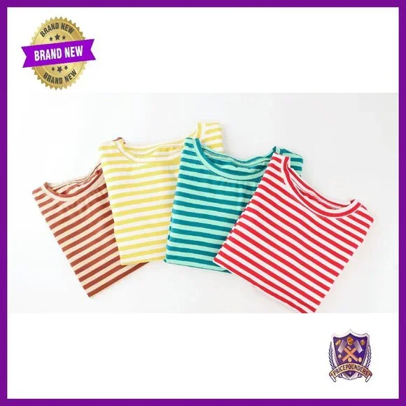 Striped Cotton Lounge Set Long Sleeve Tee Wide Leg Pants Size M - Picture 6 of 8